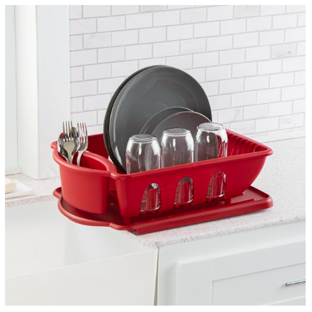 Sink & Drainboard Set | Red Kitchen Dish Drying Rack for Plates, Cups & Silverware