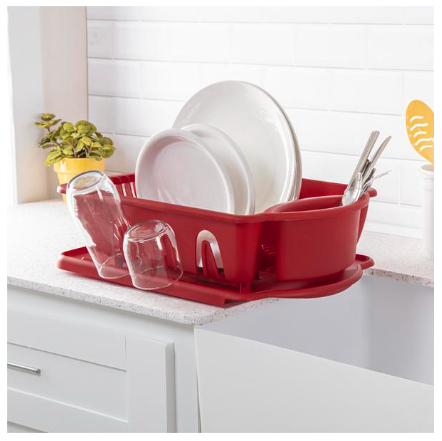 Sink & Drainboard Set | Red Kitchen Dish Drying Rack for Plates, Cups & Silverware